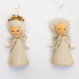 Vintage Flocked Snow Baby Angel Ornament Tulle Wings Pixie Japan RARE - Set of 2